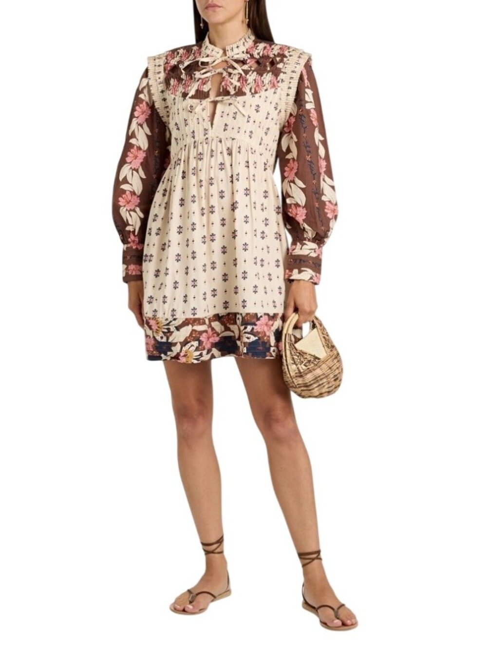 Farm Rio Ainika Maxi Floral Cream Open Yoke Mini Dress Size Small Boho Elegant